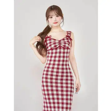 다리치 깅엄 자카드 니트 롱 원피스 레드