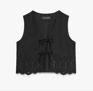 ZARA 린넨 컷워크 자수 베스트 M 블랙