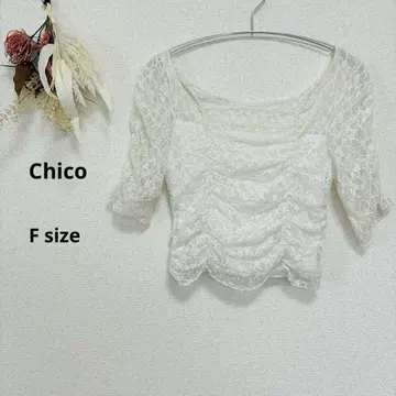 Chico 상의 5부 소매 전체 레이스 개더 멜로우 화이트 F