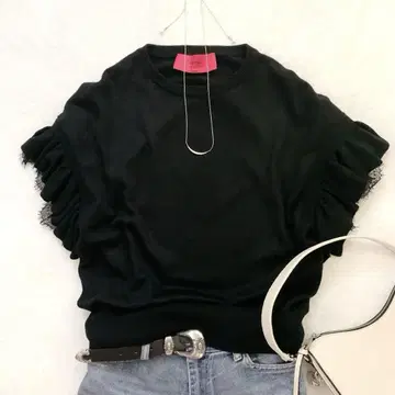 스픽 앤 스팬 반팔 니트 스웨터 소매 레이스 프릴 블랙 울 혼방