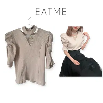 EATME 반팔 티셔츠 니트 초커 디자인 레이스 퍼프 슬리브