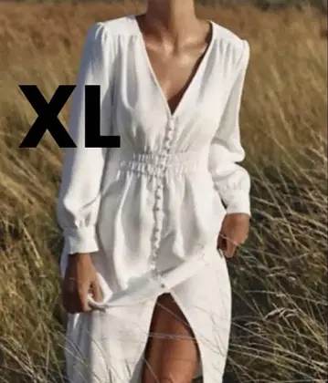 자라 긴팔 롱 원피스 V넥 A라인 화이트 XL