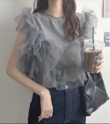 얇은 명주 그물 도킹 프릴 탑 탱크탑 그레이