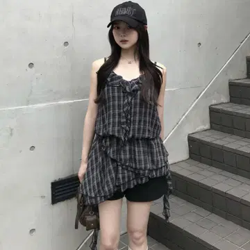 블랙 체크 프릴 아지메 미니 원피스 S 튜닉 블랙 emmy