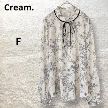 Cream. 크림 꽃무늬 블라우스 셔츠 긴팔 프릴 리본 베이지 F