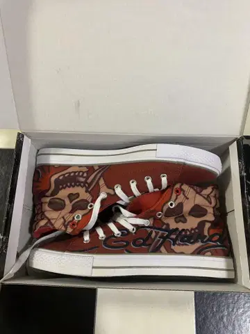 Ed Hardy 스컬 디자인 하이컷 스니커즈 27.0cm 빨간색