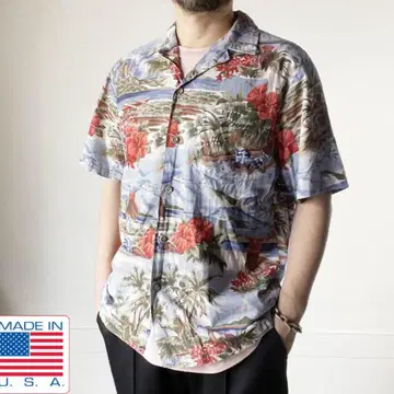 USA제 RJC 바다 하늘 보타니컬 무늬 반팔 알로하 셔츠 M