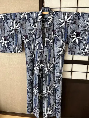 꽃과 대나무 패턴 유카타 아리마츠 시보리풍 대나무 사사 리플