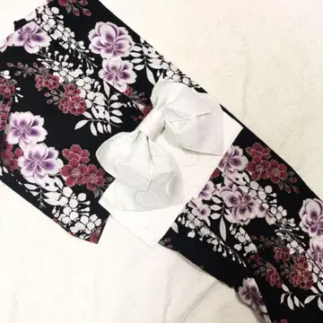 유카타 오비 복조리 세트 블랙 베이스 꽃무늬