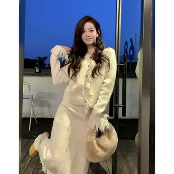프린지 니트 셋업 아이보리 그레이