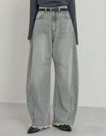 밑단 프린지 배럴 레그 데님 팬츠 리디 커브 팬츠 XL