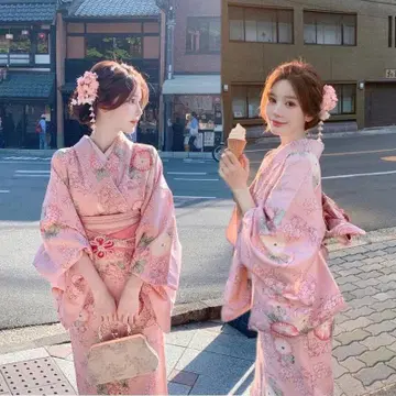 꽃무늬 핑크 유카타 머리 장식 포함