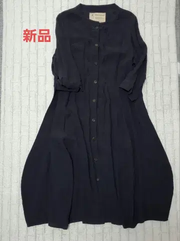 미사용 새상품 다크 네이비 7부 소매 린넨 100% 벌룬 원피스