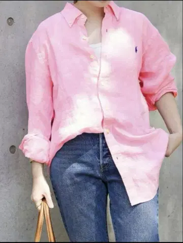 랄프 로렌 린넨 셔츠 원포인트 자수 핑크 M 린넨 100%
