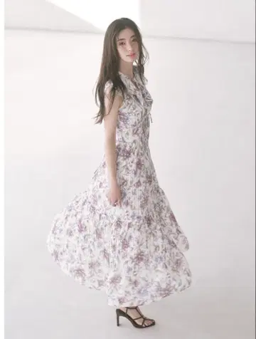 SNIDEL 플리츠 프린트 원피스 핑크 베이지