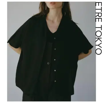 ETRE TOKYO 노카라 하프 슬리브 셔츠 블랙 드레이프감 돌먼