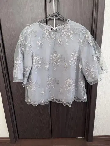 블루 자수 시스루 소매 상의