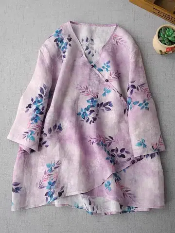 꽃무늬 오분 소매 튜닉 보라색