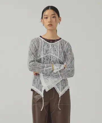 Ray BEAMS 레이스 절개 벨 슬리브 블라우스