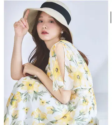 뒷면 리본 슬릿 슬리브 허리 셔링 플라워 프린트 원피스