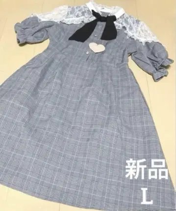 미사용 새상품 리본 포함 체크 무늬 원피스 레이스 양산형 L 여성용