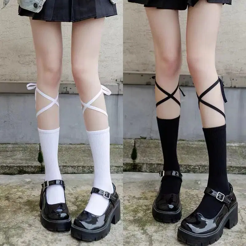 교복양말 리본 스트랩스타킹 발레코어 교복템 양말