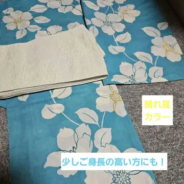 약간 빅 사이즈! 블루에 흰 꽃! L 사이즈 유카타와 오비 2종 세트