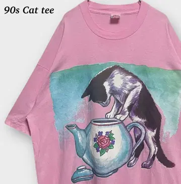 90s 고양이 찻주전자 미국제 반팔 티셔츠 애니멀 캣 핑크