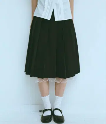 FEKETE MIDI LACE PLEATS SKIRT 블랙