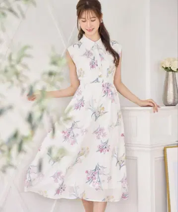 카라 부착 프론트 턱 플라워 프린트 원피스