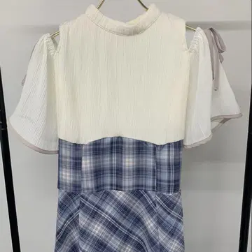 mily bilet 어깨가 파인 플리츠 블라우스 도킹 체크 원피스 S