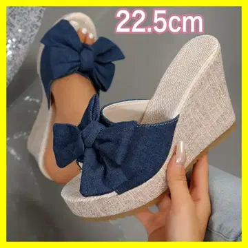네이비 리본 웨지 샌들 데님 데님 블루 여름 22.5 S
