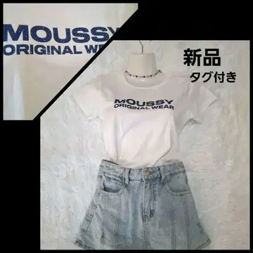 MOUSSY 화이트 티셔츠 블루 큐빅 로고 피타 티 헤이세이 갸루