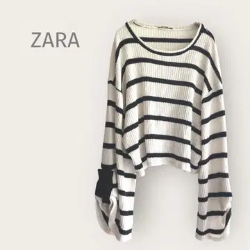 자라 ZARA [EUR M] 보더 썸머 니트 화이트 블랙 소매 롤업