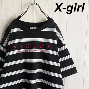 엑스걸 X-girl 센터 자수 로고 보더 반팔 티셔츠 M