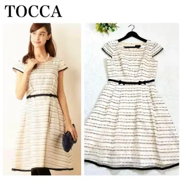 TOCCA FLAG 드레스 자수 플레어 원피스 보더 라메 리본 M