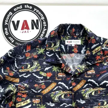 VAN 알로하 셔츠 L 네이비 하와이안 패턴