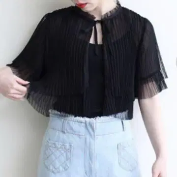 블랙 시스루 플리츠 가디건