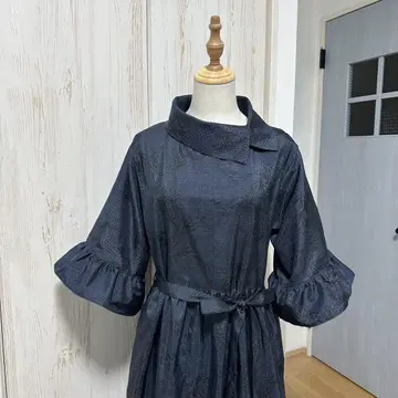 기모노 리메이크 오시마 명주에서 프릴 소매 롤 칼라 원피스 (L)