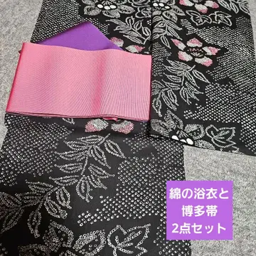 고전적인 유카타! 짜임새가 있는 블랙 핑크 꽃무늬 하카타 단이 오비
