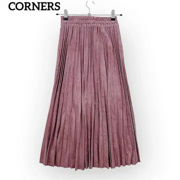 CORNERS 플리츠 롱 스커트 [M] 새상품급 허리밴딩 벨로아 스웨이드