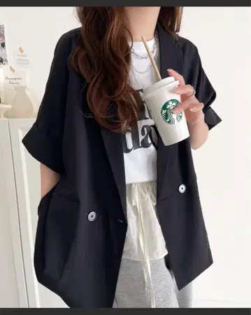 린넨 시어 돌먼 숏 슬리브 자켓 블랙 테일러드 자켓