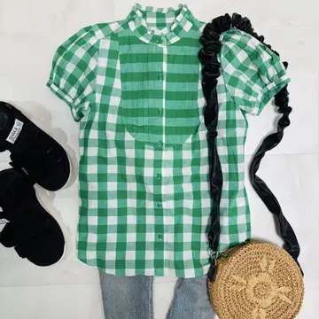 슬라이 그린 깅엄 체크 퍼프 슬리브 셔츠