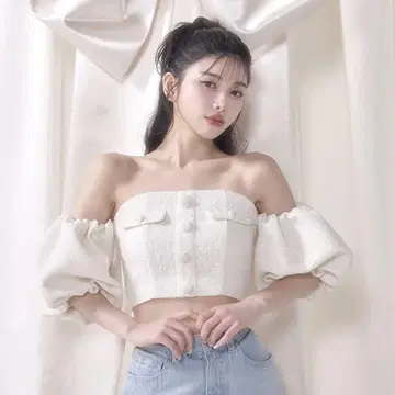 Darich 다리치 퍼프 슬리브 오프 숄더 트위드 상의 WHT
