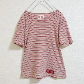 주름이 잘 생기지 않는 핑크 하우스 티셔츠 멀티 보더 일본제 로고 반팔