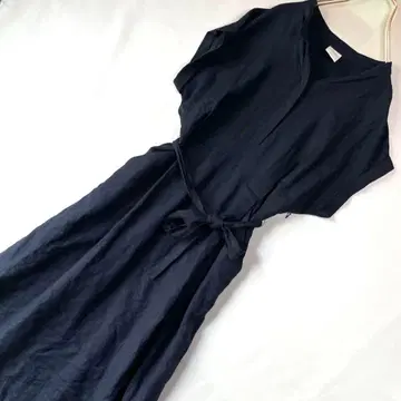 B3 스픽 앤 스팬 38 네이비 린넨 롱 원피스 비익 버튼