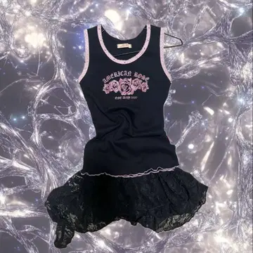 AMERICAN ROSE 탱크탑 블랙 핑크 레이스