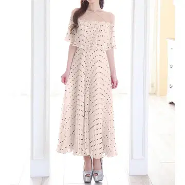 잠마 크레인 도트 무늬 쉬폰 플리츠 오프 숄더 원피스