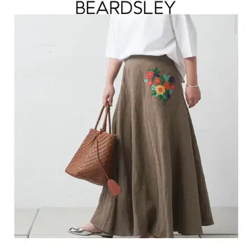 BEARDSLEY 꽃 자수 린넨 플레어 스커트 브라운 비어즐리 롱 브라운