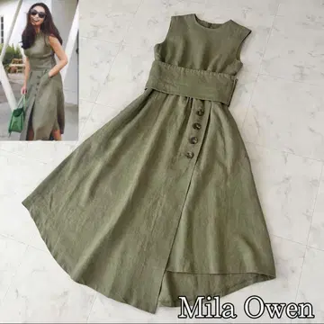 미라 오웬 롱 원피스 린넨 카키 레이스업 MilaOwen